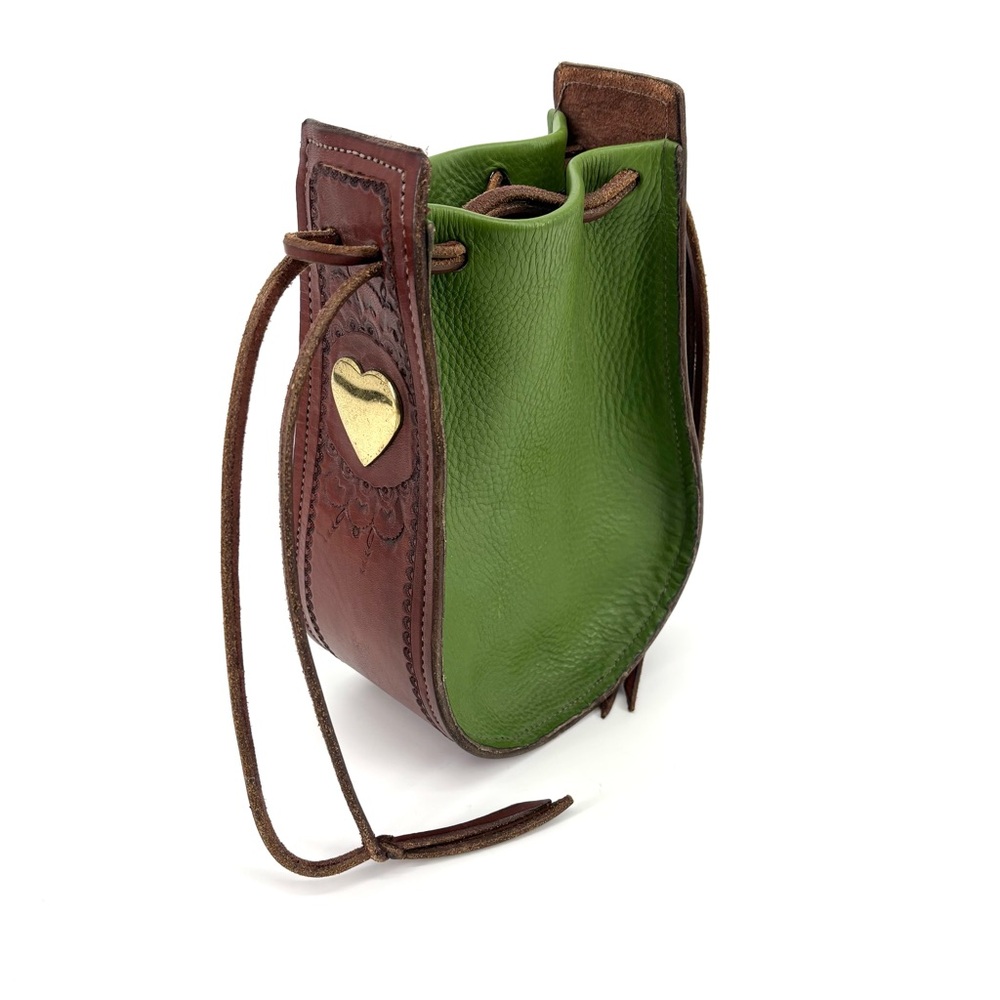 Vintage Tooled Pebbled Leather Drawstring‎ Pouch Metal Heart